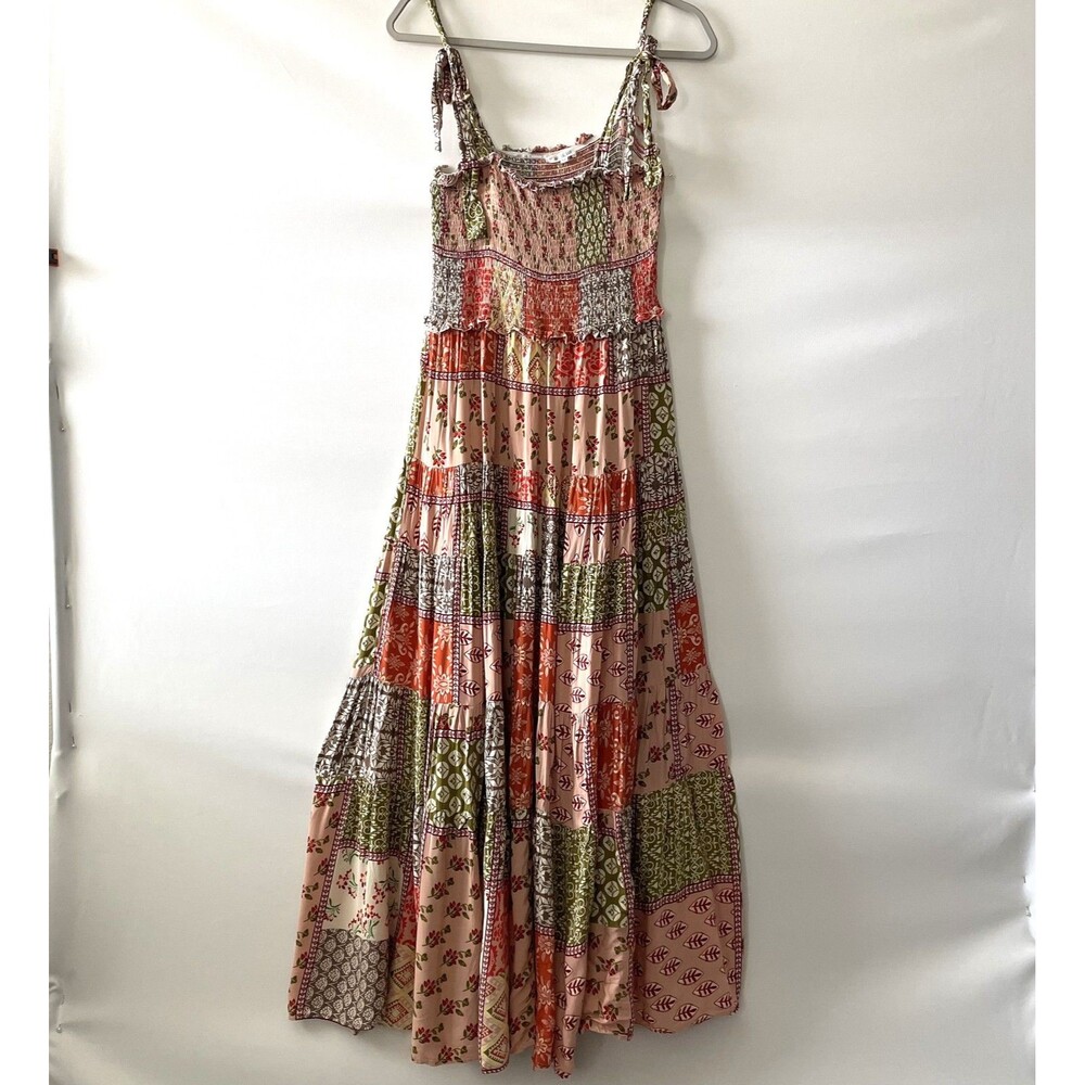 Abel The Label Maxi Dress Sleeveless Smocked Patchwork Floral Print Pink Size M